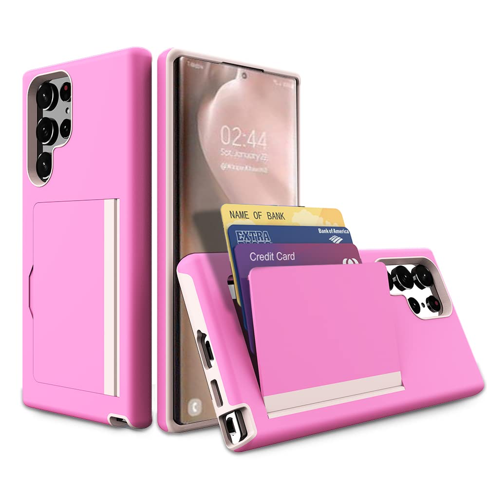FDTCYDS Galaxy S22 Ultra Case with Card Holder,Credit Card Slot Protective Wallet Case for Samung Galaxy S22 Ultra - Pink