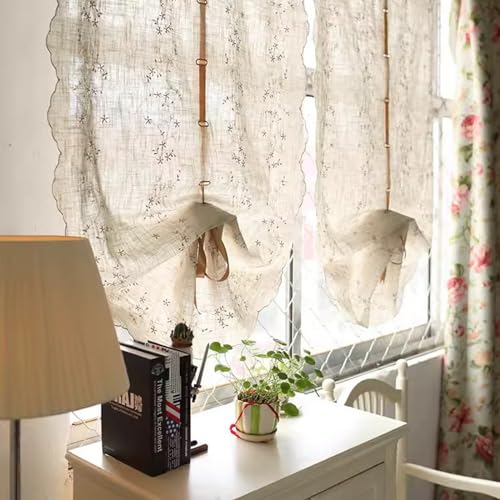 A.Monamour Cotton Linen Semi Transparent Floral Embroidered Fabric Balloon Curtain Window Roman Shades Window Treatment Tie Up Curtain Farmhouse Adjustable Tie Tieup, Rod Pocket/Pinch Pleat, 2 Pieces