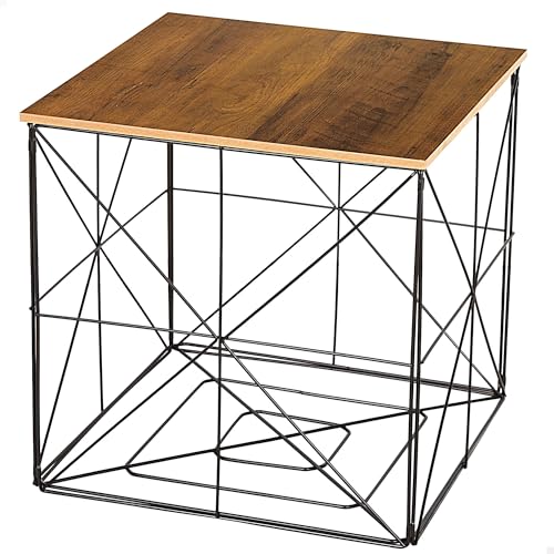 AKTIVE MAX Home Mesa Auxiliar 38x38x38 cm, Cuadrada, Tapa Efecto Madera, Almacenaje, Estructura metálica Negra, Líneas geométricas, Estilo Industrial, Decoración, para salón, Dormitorio, Baño (18496)