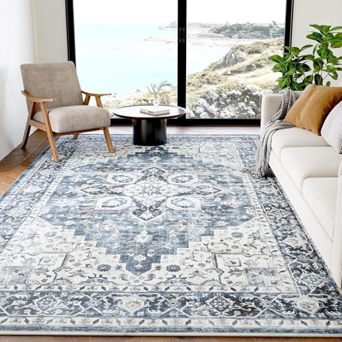 AMADA HOMEFURNISHING 6x9 Area Rugs, Blue Low-Profile Washable Rug with Non-Slip Backing & Durable Edge Binding, Vintage Rugs for Living Room, Bedroom, Dinning Room
