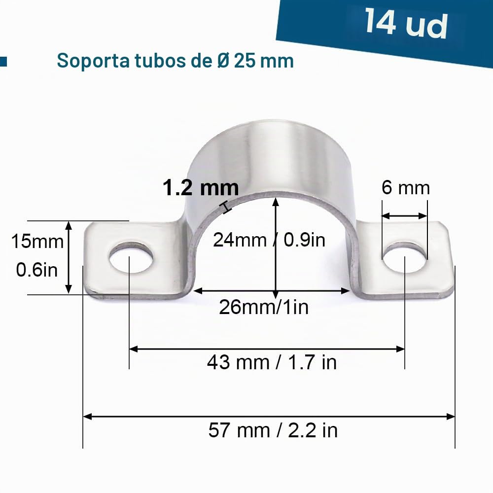 14 Pcs Abrazaderas Para Tubos Clip De Tubo De Silla De Montar 2 Agujero Abrazadera De Tubo En Forma De U Para TuberíAs De Agua, TuberíAs De Gas Y FijacióN De Cables Ø 25 mm.
