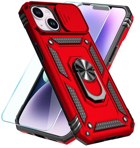 SunStory Compatible with iPhone 14 Plus Case with HD Screen Protector & Slide Camera Cover & Rotated Ring Kickstand [Military-Grade] Phone Case for iPhone 14 Plus (Red)