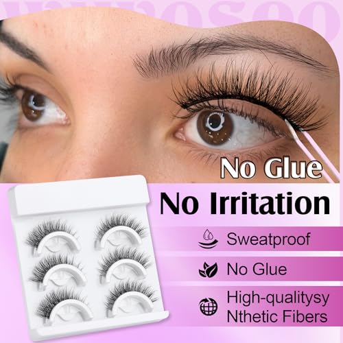 wiwoseo Self Adhesive Eyelashes No Glue Needed False Lashes Natural Look Lash Extensions Reuseable Self Adhesive Lashes Waterproof Wispy Fluffy Lashes with Tweezer 3 Pairs Pack - Image 6