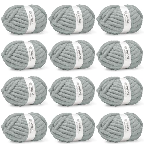 Image of Inhand Chunky Chenille Yarn for Hand Knitting,Thick Bulky Blanket Yarn for Crocheting,Soft Fluffy Yarn for Crochet Birthday Gifts for Men /Women /Beginners,12 Pack (29.5Yds /8.4oz Each),Frost Gray