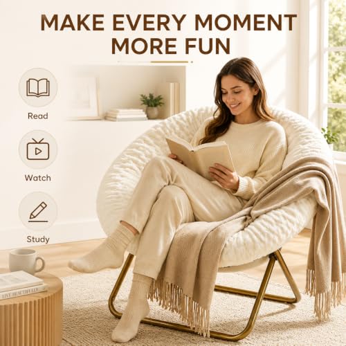Image of Simple Deluxe Saucer Chair, Round Foldable Reading Chairs, X-Large Size Cozy Papasan Chair, Comfy Furry Padded Moon Chair, Round Dorm Chairs for Bedroom Living Room, White