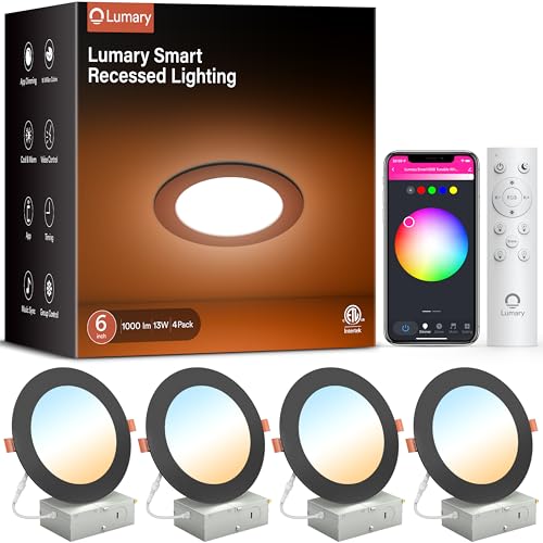 Lumary Black Smart WiFi Recessed Lights 6 Inch, Color Changing LED Recessed Lights with J-Box 13W 1000LM, Dimmable Canless Wafer Downlight, Compatible with Alexa/Google Assistant, ETL Listed, 4 Pack