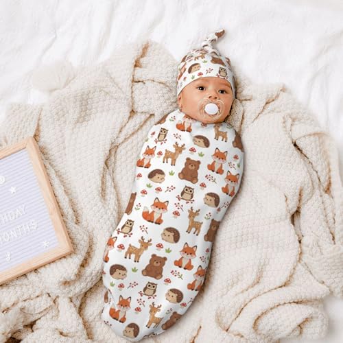 Image of Hedgehog Fox Bear Deer Newborn Baby Swaddle Blanket Woodland Theme Baby Stuff,with Beanie hat Sets, Soft Gifts for Unisex Boys Girls Shower Infant