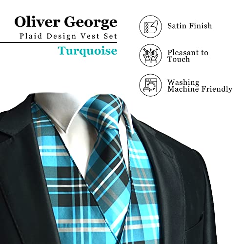 Oliver George Men's 4pc Plaid Design Formal Waistcoat Tuxedo Dress Vest NeckTie Bowtie Handkerchief Set For Suit or Tuxedo2