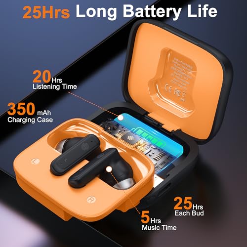 Image of THREE PEACHES Wireless Earbuds Bluetooth 5.4 Headphones, Touch Screen, Call ENC Noise Cancelling, USB Charging Case for iPhone /Android, Black
