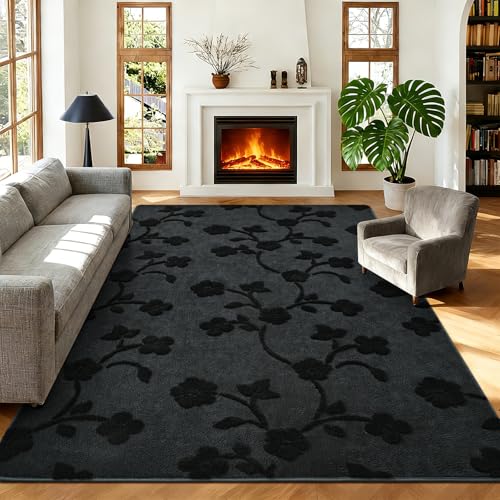 Tapete Grande Minimalista Floral 6x9ft Gris Oscuro miniatura 1