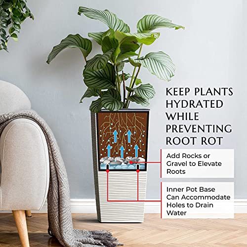 Image of Mueller Janska M-Resin Heavy Duty Tall Planter, Indoor /Outdoor Grande Plant, Tree, Flower Pot, 2-Piece Set, 27.5 inch, Modern Design, Built-in Drainage, Beige
