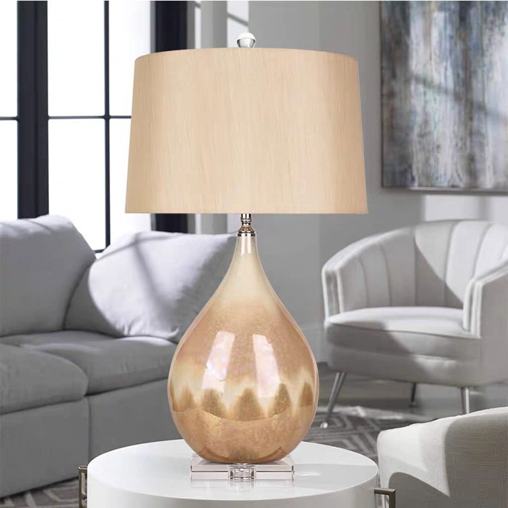 Lámpara de Noche Lámpara de escritorio de cerámica vidriada con perlas, lámpara de mesita de noche creativa con gota de agua, pantalla de tela hecha a mano, Base de cristal, luz de escritorio moderna