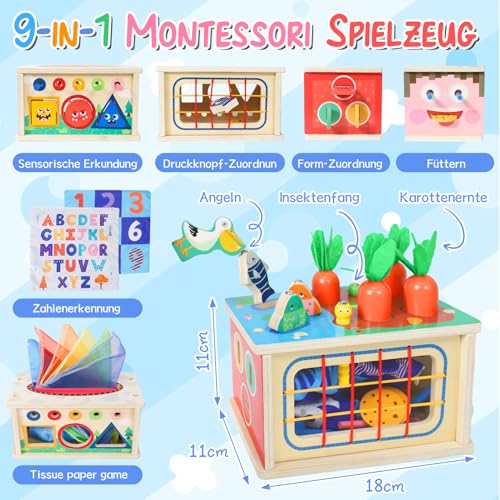 9-IN-1 Tücherbox Baby 6-12 Monate, Holz Montessori Spielzeug 1 2 3, Kinder Steckspiel Motorikspielzeug ab 1 Jahr, Sensorik Babyspielzeug, Geschenk für Ostern Geburtstag Weihnachten Junge Mädchen