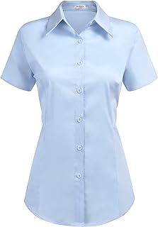 Women's Basic Button Up Shirt Short Sleeve Stretchy Button Down Collared Shirts Waitress Work Shirt - Buy now
