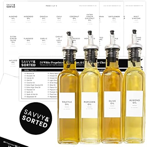 Minimalist Oil Bottle Labels Stickers - 54 Pantry Labels for Vinegar & Oil Dispenser Bottles Condiment Labels - Oil Jar Labels Pantry Stickers - Kitchen Stickers Waterproof Oil Bottle Labels Stickers Cover