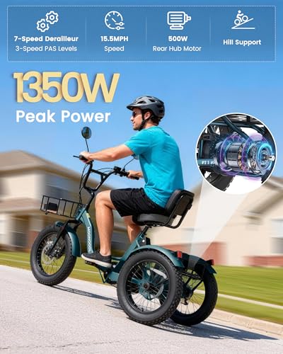 Image of MOONCOOL Electric Tricycle for Adults, 20 inch x 4 inch Fat Tire Folding Electric Trike, 48V 500W 3 Wheel Electric Bike, 7 Speed E Trikes for Adults with Removable Battery, Aluminum Frame & Large Basket