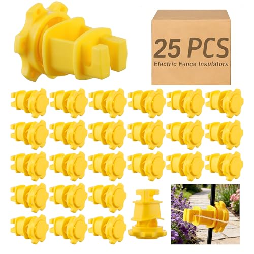 LEIOUNEY 25 PCS Electric Fence Insulators - Screw Mount Round Post Clips Durable Wire Holders for Farm and Pet Fences - Yellow