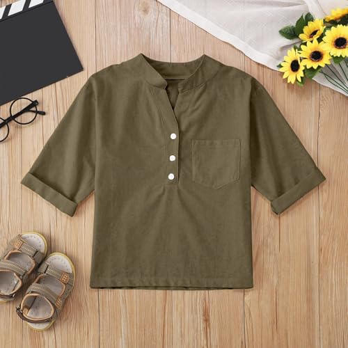 Girls Cotton Linen Shirt Short Sleeve Dressy Casual 𝗛enley V Neck Tunic Blouse Button Down Shirt Uniform Preppy Tops3