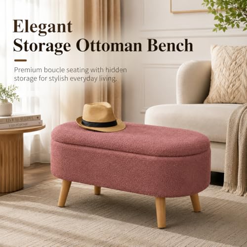 Image of Upholstered Ottoman Storage Bench, Premium Boucle Fabric, Heavy Duty 120 Kg Load Capacity, Multipurpose Seating for Living Room & Bedroom, Blush Pink