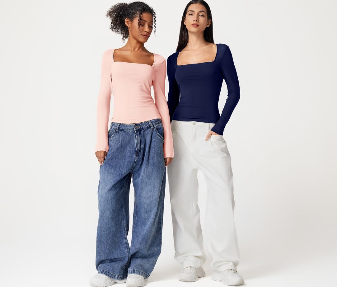 QINSEN Womens Square Neck Long Sleeve Mesh Sheer Top Double Lined Going Out Basic Shirt - Image 6