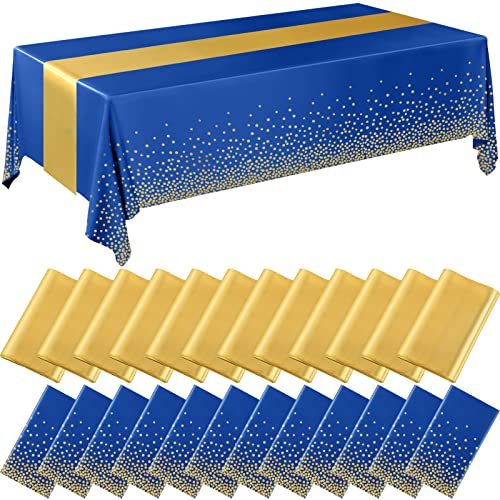 Image of Breling 24 Packs Navy Blue and Gold Disposable Plastic Tablecloths and Satin Table Runner Set, 54 x 108 Inch Tablecloth, 12 x 108 Inch Table Runners for Wedding Graduation Birthday Baby Shower