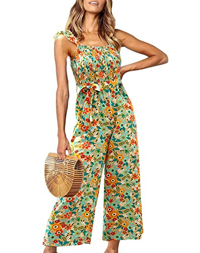 Kojooin Women's Boho Spaghetti Straps Sleeveless Ditsy Floral Print Wide Leg Long Pants Casual Jumpsuit #TOP5