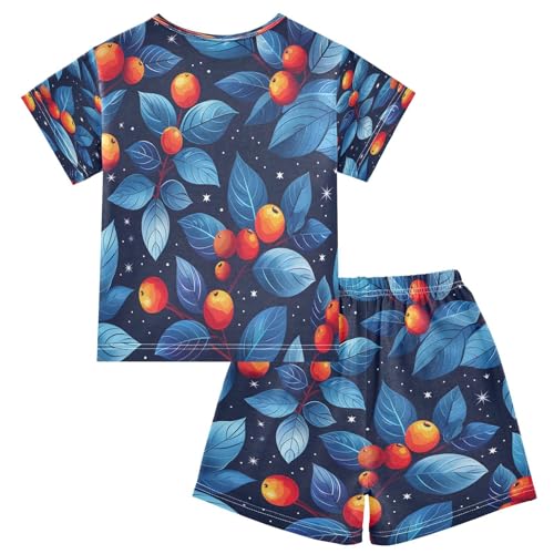 senya Short Sleeve Pajamas Sets Summer Cotton Sleepwear Blue Leaves Orange Fruit2