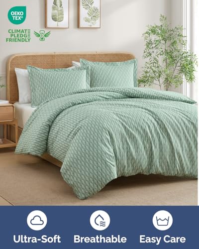 Image of Duvet Cover King Size Set - Extra Soft Floral Duvet Cover 104 x 90 with 2 Pillow Shams - Comfy, Cozy, Breathable Floral Bedding Set - Hotel Luxury & Fade Free w / Zipper Closures and Ties - Sage Palms