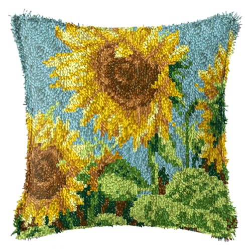 Image of Howie's Latch Hook Kit, DIY Sunflower Pillow Crochet Yarn Kits for Adults, Color Preprinted Pattern Embroidery Sofa Cushion Cover (Sunflower, 16.93 x 16.93 inch)