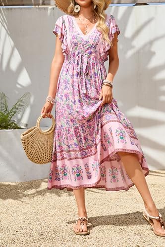 R.Vivimos Womens Summer 2025 Boho Floral Print V Neck Short Sleeve Drawstring Tie Casual Flowy Midi Dress4