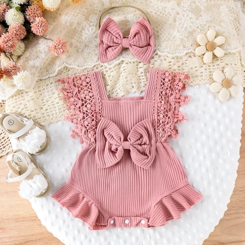 Newborn Baby Girl Lace Romper Ruffle Sleeveless Backless One Piece Jumpsuit Bodysuit with Headband Summer Clothes2