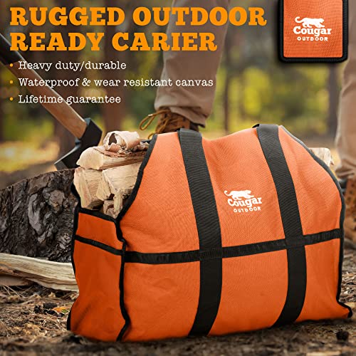 Cougar Outdoor Firewood Carrier Log Carrier (Orange Wood) – Waterproof, Heavy Duty, Extra Large Capacity Canvas Wood Carrying Bag For Firewood, Camping, Wood Fire Stove And Fireplace Gift For Him Idea #TOP2