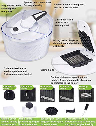 FAVIA 6 Quart Large Salad Spinner Lettuce Washer Quick Dryer with Vegetable Slicer Chopper Set BPA Free Dishwasher Safe (Black)