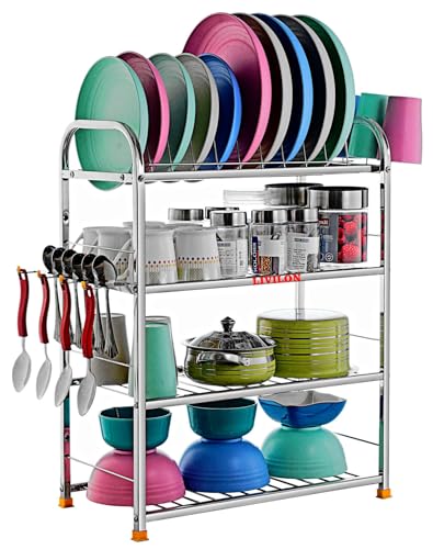 Image of L LIVILON 4 Layer Wall Mount Kitchen Utensils Dish Rack | Stainless Steel Stand | Dish Stand /Holder | Kitchen Organizer | Utensils Rack with Plate (24 * 18), Tiered Shelf