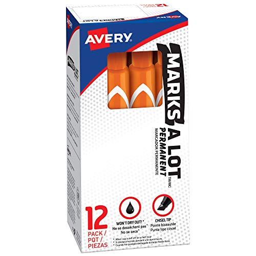 Avery Marks A Lot Permanent Markers, Large Desk-Style Size, Chisel Tip, Water and Wear Resistant, 12 Orange Markers (08883)