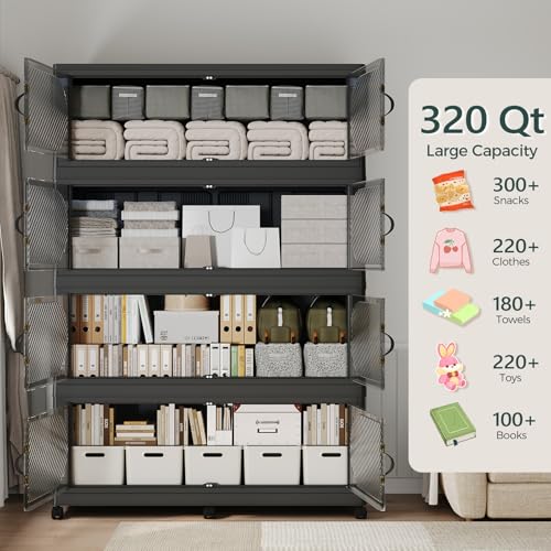 1280QT Extra Large Stackable Storage Bins with Lid & Wheels & Doors,320Gal Foldable Collapsible Closet Organizers, Plastic Cabinet Box Container Drawer for Home Kitchen Bedroom, 4Pack Black - Image 4