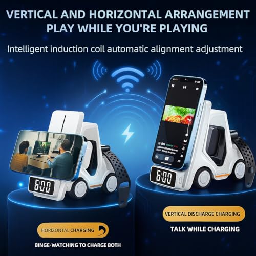 Image of All-in-One Wireless Charging Station with Alarm Clock - Mifaso 3-in-1 Car Design Charger for 16 /15 Series, S25, 3, Watch 10 /9 /8 /7 - Perfect Nightstand Accessory (3ft)