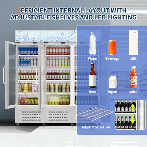 Image of 290 Gallon Three-Door Display Beverage Refrigerator with Lightbox, Metal Sheet Commercial Refrigerator with Adjustable Shelves, Locking Casters for Restaurants, Bars, and Retail Stores, White