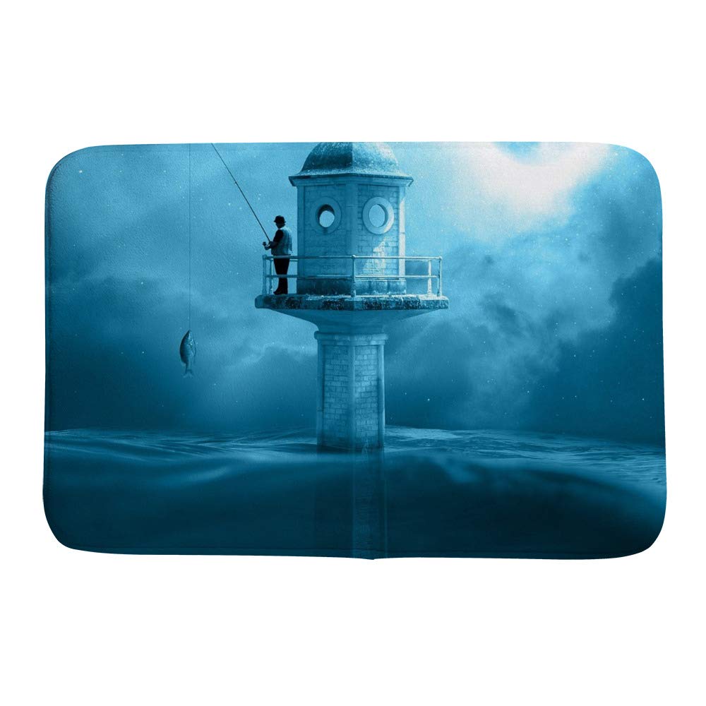 Tapis de bain antidérapant phare bleu en velours corail 91x61 cm pour douche