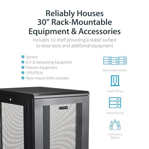 Image of StarTech 24U 4-Post Server Cabinet, 29in Deep, 992lb, Shelf (RK2433BKM) | 19in enclosed steel rack, Adjustable depth 1.8in-29in, Lockable mesh doors, Ships assembled, Casters, 450kg