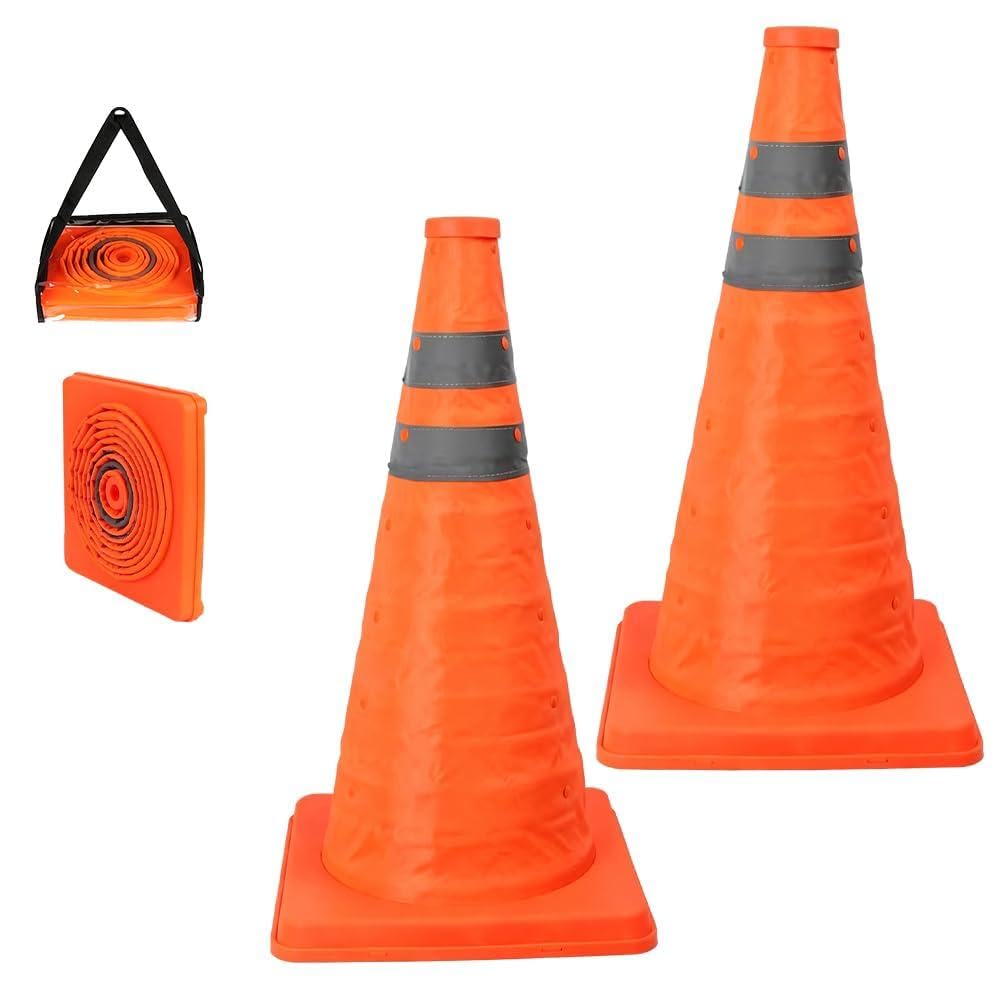 WDKXCN 18" Traffic Cones, 2 Pack Collapsible No Parking Cones, Multi Purpose Traffic Cone with Reflective Collar, Portable Safety Cone for Roadside, Construction, Car Emergency, Parking Use