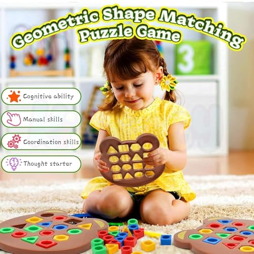 Image of Geometric Shape and Color Matching Puzzle Board Game with Bell for Kids 3+ Years | Sensory Educational, Fun and Learning Toy (Geometric Shape and Color Matching Puzzle Board Game with Bell for Kids)
