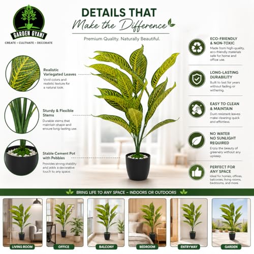 Image of Artificial Yellow Calathea Plant with White Pot - 50 cm Tall Faux Tropical Decorative Plant with 26 Leaves for Home, Office & Living Room Decor