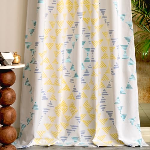 Image of Tranquebar Curtain Co. Window Curtains 5 Feet, 60-65% Room Darkening,Yellow-Mint Geometric Print,Cotton Curtains for Window, Cotton Curtains 5 Feet Long Set of 2, BackTab Loops,Aztec(152 cm)-Set of 2