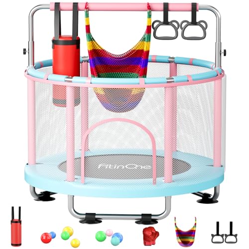 FitinOne 140cm Kindertrampolin, Indoor und Outdoor-Spielzeug mit Schaukel, bis 200 kg belastbar, Trampolin für Kinder mit Turnstange – Geburtstagsgeschenk für Jungen und Mädchen von 6 bis 12 Jahren
