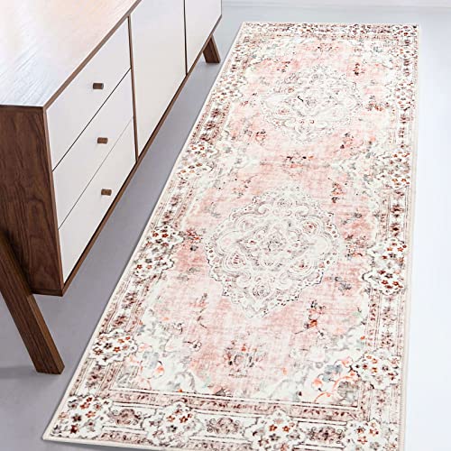 Image of MUJOO Non Slip Boho Pink Runner Rug, Machine Washable for Hallways Entryway Kitchen Bathroom Bedside Retro Soft Low-Pile 2'x6' Blossom
