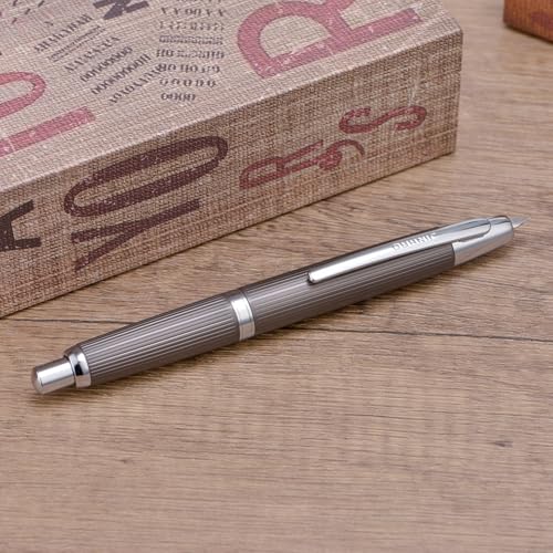 Image of Wikult Jinhao 10 Press Fountain Pen with Box, Brushed Matte Grey, Retractable Medium Nib with Ink Converter Set (Silver Clip)