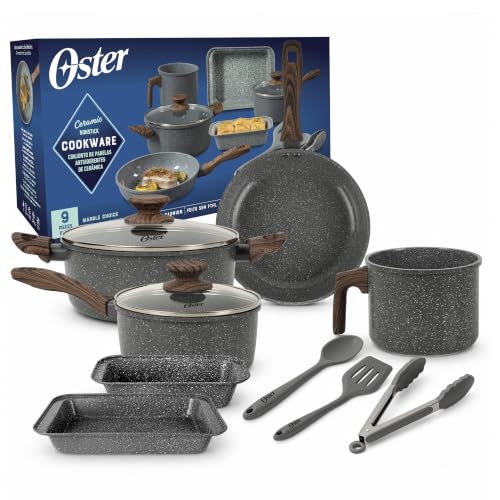 Jogo de Panelas, Leiteira e Assadeiras 9 Peças Marble Choice Oster - Revestimento Antiaderente de Cerâmica, Compatível com Indução, Utensílios em Silicone - Dark Grey
