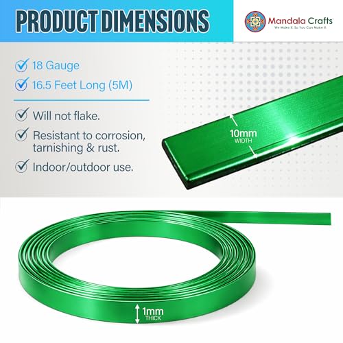 Image of Mandala Crafts 10mm Green Flat Aluminum Crafting Wire for Sculpting | 16.5 FT, Anodized, Colored, Tarnish Resistant, Bendable, Flexible, for Jewelry Making, Bezel, Bonsai, Armature, Outdoor