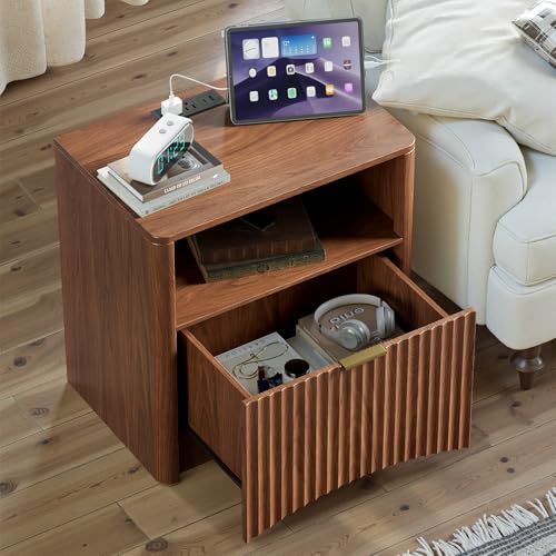 Image of Evermagin Fluted Nightstand with Charging Station, Walnut Bedside Table with Drawer and Storage, Wood End Table Mid Century Modern, Large Night Stand for Bedroom